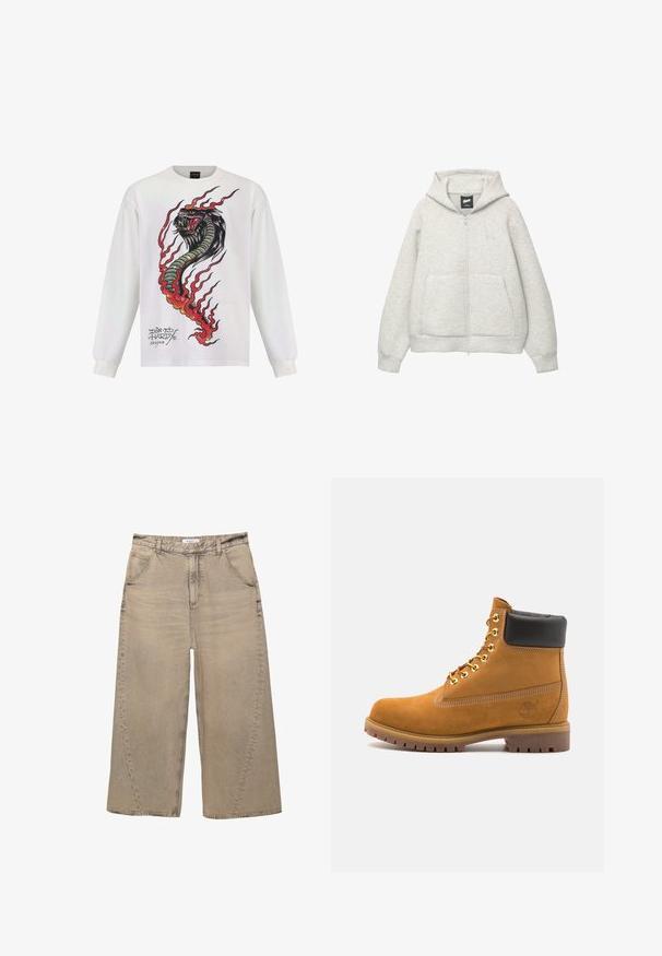 Graue Kapuzenjacke mit Reißverschluss, aus weichem Stoff, mit einer Fronttasche, einer Zugkordel an der Kapuze und einem kleinen Logo im Brustbereich.; Langärmliges weißes Hemd mit einem bunten Schlangendesign, das Flammen und aufwendige Details zeigt, beschriftet mit "Don Ed Hardy Designs".; PULL&BEAR MEGA BAGGY - Baggy Jeans - light grey; Beige Wildleder-Ankle-Boot mit schwarzem gepolstertem Kragen, goldenen Metallösen, weißen Nähdetalben und einer robusten Gummisohle mit ausgeprägtem Profil.