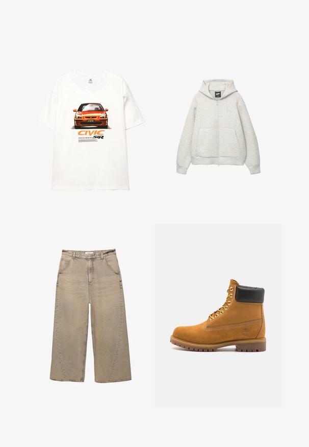 Szara bluza z kapturem na zamek, wykonana z miękkiego materiału, z przednią kieszenią, kapturem z troczkami i małym logiem na klatce piersiowej.; Biała koszulka z grafika przedstawiającą czerwoną Hondę Civic, z napisem "CIVIC" i "SiR" w wyraźnym pomarańczowym kolorze oraz opisem pod obrazkiem.; PULL&BEAR - Jeansy baggy; Beżowe zamszowe botki sięgające kostki z czarną wyściełaną krawędzią, złotymi oczkami, białymi detalami szycia oraz wytrzymałą gumową podeszwą z wyraźnym bieżnikiem.