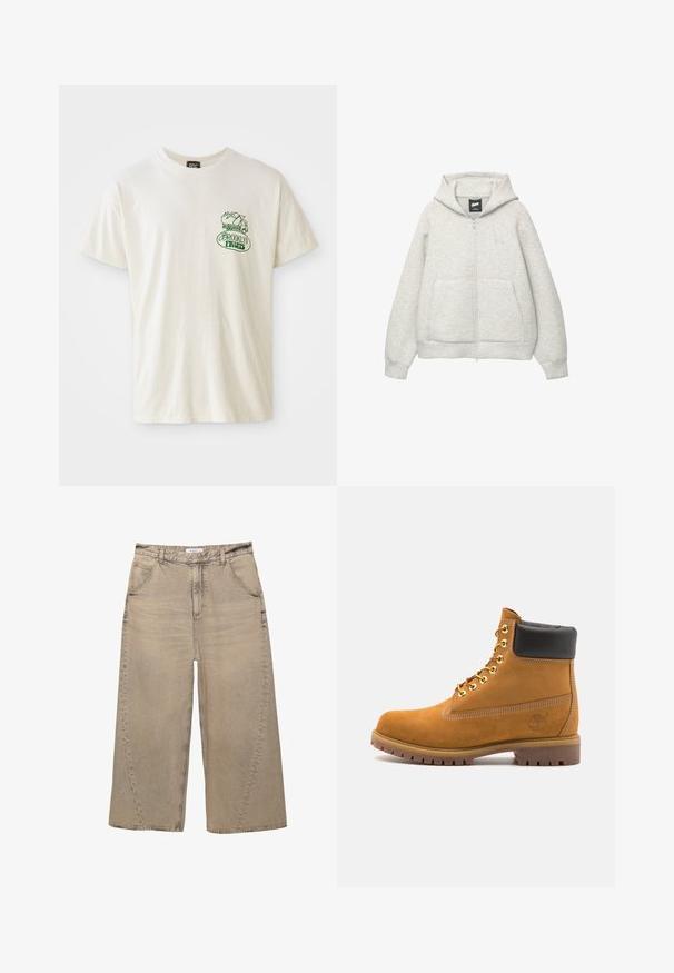 Hanorac gri cu fermoar, confectionat dintr-un material moale, cu un buzunar frontal, gluga cu șnur și un logo mic în zona pieptului.; Tricou cu mânecă scurtă de culoare crem, realizat din bumbac. Prezentă un grafic verde "Brooklyn Fruits" cu un coș de produse și un mic design de camion.; PULL&BEAR MEGA BAGGY - Blugi largi - light grey; Cizmă de gleznă din întoarsă de culoare bej, cu guler negru căptușit, ochiuri din metal auriu, detalii de cusătură albă și talpă din cauciuc robustă, cu un model pronunțat.