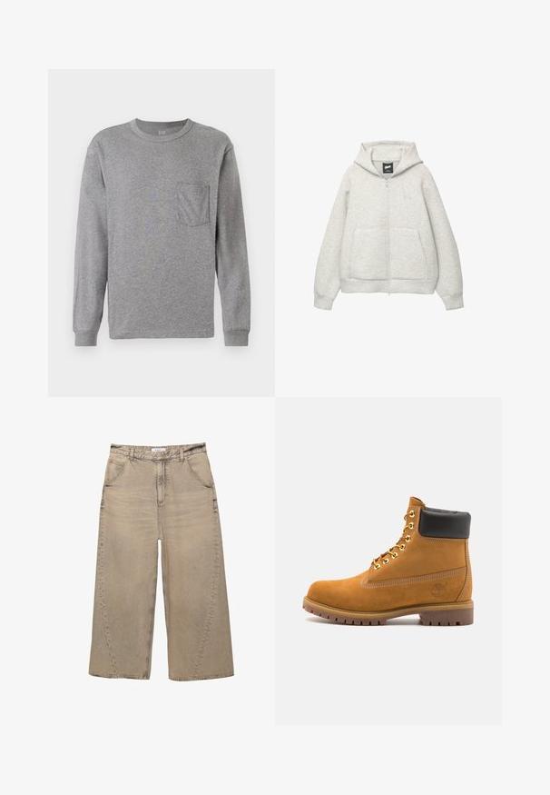 Grijze zip-up hoodie van zachte stof met een voorkantzak, een capuchon met trekkoord en een klein logo op de borst.; Grijze lange mouw t-shirt met een ronde hals, voorzien van een borstzak en geribde manchetten. Gemaakt van zacht, lichtgewicht katoen.; PULL&BEAR MEGA BAGGY - Baggy jeans - light grey; Tan suède enkelboot met zwart gevoerd kraagje, gouden metalen oogjes, witte stikdetails en een robuuste rubberen zool met uitgesproken profiel.