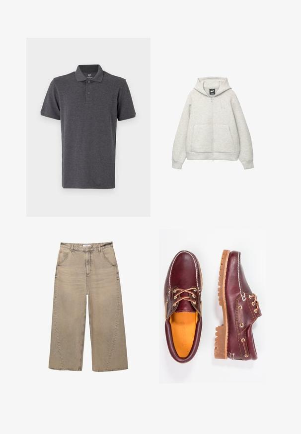 Grijze zip-up hoodie van zachte stof met een voorkantzak, een capuchon met trekkoord en een klein logo op de borst.; GAP Poloshirt - light grey; PULL&BEAR MEGA BAGGY - Baggy jeans - light grey; Bordeaux leren schoenen met bruine rubberen zolen, ronde neus, witte stiksels en gouden veterogen. Het interieur heeft een gele voering.