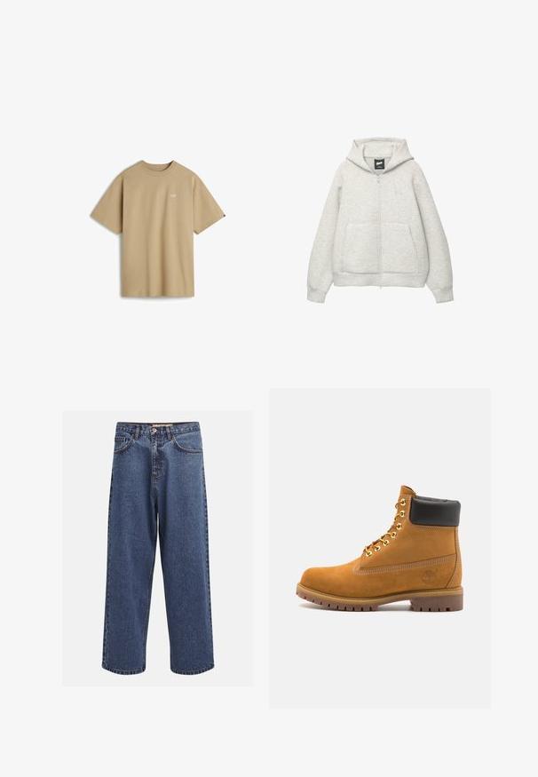 Grå zip-up hoodie lavet af blødt stof med en frontlomme, hætte med snor og et lille logo på brystområdet.; Beige kortærmet t-shirt lavet af bomuld, med et lille hvidt logo på venstre bryst og rund halsudskæring. Enkel og udekoreret design.; Bredde denim jeans i blå farve med en falmet finish, der har en knaplukning, fem lommer og kontrastsygning langs sømmene.; Tan nubuck ankelstøvle med sort polstret krave, gyldne metaløjer, hvid syning detaljer og robust gummisål med udtalte slidbaner.