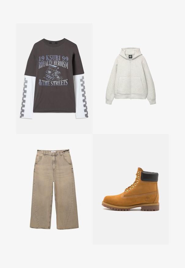 Grå zip-up huvtröja av mjukt material med en framficka, justerbar huva och en liten logga på bröstet.; Mörkgrå t-shirt med långa vita ärmar, prydd med grafisk tryck av en motor och text i blått. Rutmönster längs ärmarna.; PULL&BEAR MEGA BAGGY - Baggy jeans - light grey; Tan mockasins ankelstövlar med svart vadderad krage, guldmetallöglor, vit sömdekor och slitstöt gummisula med utmärkta mönster.