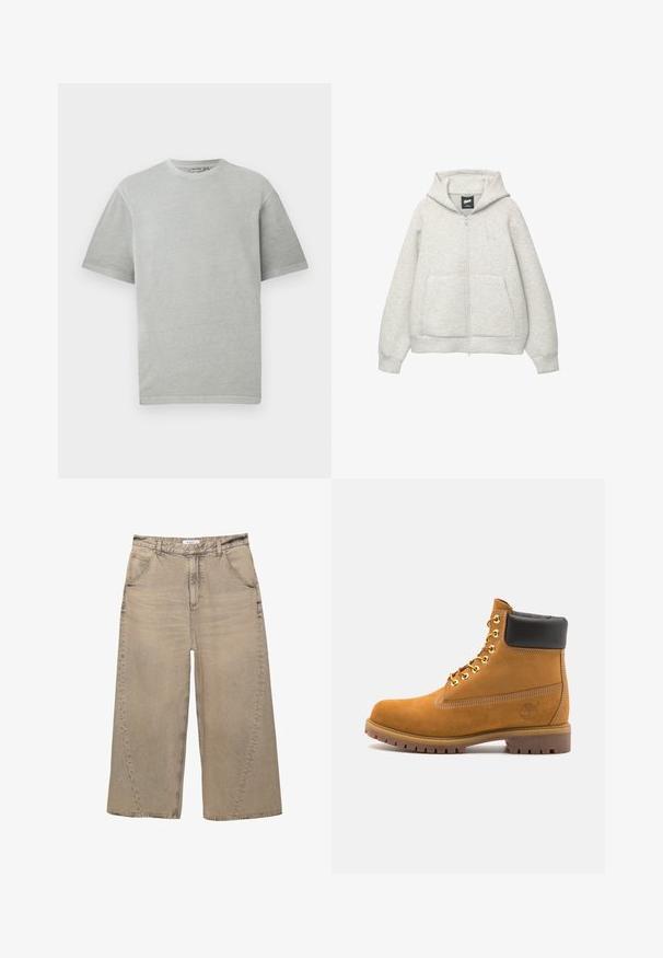 Grå zip-up hoodie lavet af blødt stof med en frontlomme, hætte med snor og et lille logo på brystområdet.; Lys grå t-shirt med korte ærmer og rund hals, præsenteret på en ensfarvet hvid baggrund.; PULL&BEAR MEGA BAGGY - Baggy jeans - light grey; Tan nubuck ankelstøvle med sort polstret krave, gyldne metaløjer, hvid syning detaljer og robust gummisål med udtalte slidbaner.