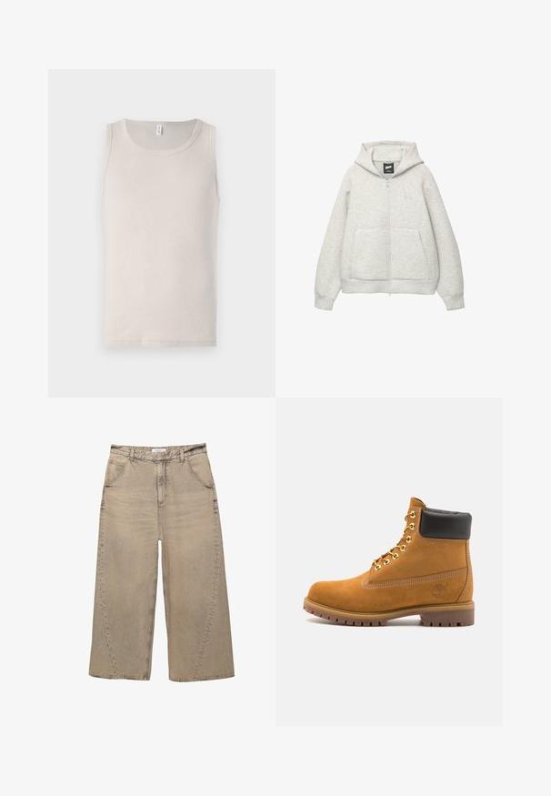 Felpa grigia con zip realizzata in tessuto morbido, dotata di tasca frontale, cappuccio regolabile con cordino e un piccolo logo nella zona del petto.; Canotta beige chiaro realizzata in morbido cotone, con scollatura rotonda e design senza maniche, caratterizzata da una texture liscia e rigata.; PULL&BEAR MEGA BAGGY - Jeans baggy - light grey; Stivale alla caviglia in suede tan con collare imbottito nero, occhielli in metallo dorato, dettagli in cucitura bianca e suola in gomma robusta con battistrada pronunciato.