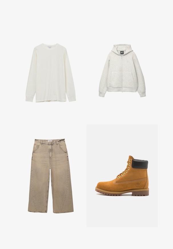 Graue Kapuzenjacke mit Reißverschluss, aus weichem Stoff, mit einer Fronttasche, einer Zugkordel an der Kapuze und einem kleinen Logo im Brustbereich.; Langärmliges Shirt mit Rundhalsausschnitt aus weichem, strukturiertem, elfenbeinfarbenem Stoff, mit lässiger Passform und gerippten Bündchen. Keine sichtbaren Logos oder Muster.; PULL&BEAR MEGA BAGGY - Baggy Jeans - light grey; Beige Wildleder-Ankle-Boot mit schwarzem gepolstertem Kragen, goldenen Metallösen, weißen Nähdetalben und einer robusten Gummisohle mit ausgeprägtem Profil.