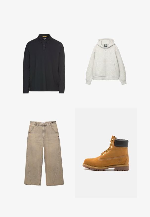 Grijze zip-up hoodie van zachte stof met een voorkantzak, een capuchon met trekkoord en een klein logo op de borst.; Poloshirt met lange mouwen in donker blauw, gemaakt van zachte katoen. Voorzien van een klassieke kraag, een twee-knopen sluiting en subtiele logo-details.; PULL&BEAR MEGA BAGGY - Baggy jeans - light grey; Tan suède enkelboot met zwart gevoerd kraagje, gouden metalen oogjes, witte stikdetails en een robuuste rubberen zool met uitgesproken profiel.