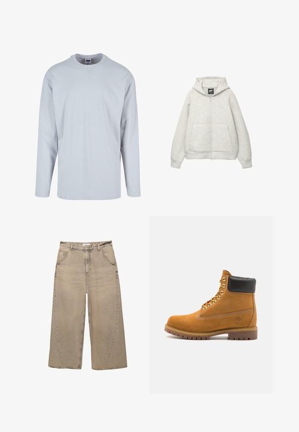 Graue Kapuzenjacke mit Reißverschluss, aus weichem Stoff, mit einer Fronttasche, einer Zugkordel an der Kapuze und einem kleinen Logo im Brustbereich.; Hellgraues Langarm-T-Shirt aus weicher Baumwolle, mit Rundhalsausschnitt und lässiger Passform, minimalistisches Design und ohne sichtbare Muster.; PULL&BEAR MEGA BAGGY - Baggy Jeans - light grey; Beige Wildleder-Ankle-Boot mit schwarzem gepolstertem Kragen, goldenen Metallösen, weißen Nähdetalben und einer robusten Gummisohle mit ausgeprägtem Profil.