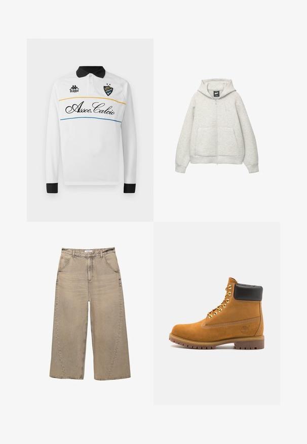 Grijze zip-up hoodie van zachte stof met een voorkantzak, een capuchon met trekkoord en een klein logo op de borst.; Witte long-sleeve polo t-shirt met zwarte kraag en manchetten. Heeft een horizontaal ontwerp met gele en blauwe strepen. Kappa-logo en "Assoc.Calcio" in cursief.; PULL&BEAR MEGA BAGGY - Baggy jeans - light grey; Tan suède enkelboot met zwart gevoerd kraagje, gouden metalen oogjes, witte stikdetails en een robuuste rubberen zool met uitgesproken profiel.