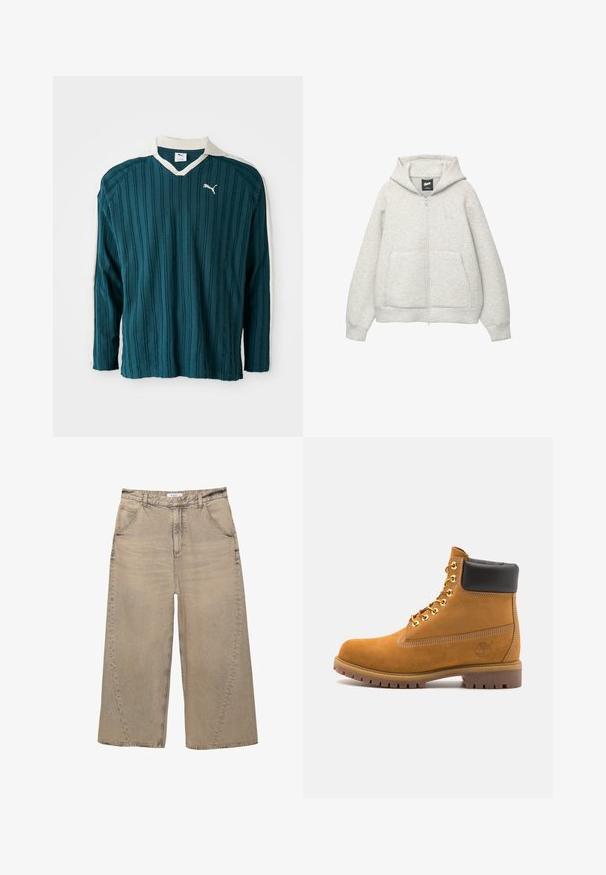 Hanorac gri cu fermoar, confectionat dintr-un material moale, cu un buzunar frontal, gluga cu șnur și un logo mic în zona pieptului.; Cămașă lungă din material teal cu textură cu fâșii verticale, de tip V, și guler alb. Prezintă un mic logo alb Puma pe piept.; PULL&BEAR MEGA BAGGY - Blugi largi - light grey; Cizmă de gleznă din întoarsă de culoare bej, cu guler negru căptușit, ochiuri din metal auriu, detalii de cusătură albă și talpă din cauciuc robustă, cu un model pronunțat.