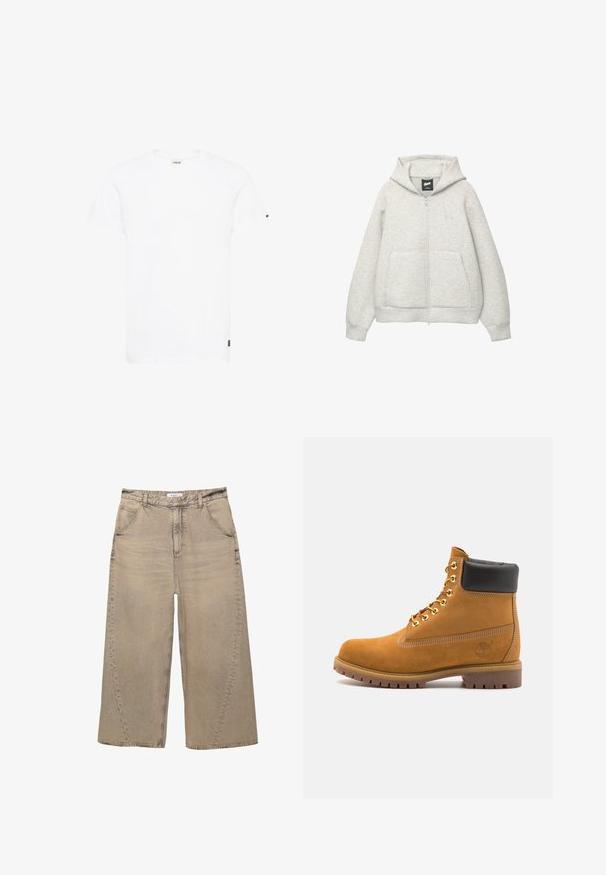 Felpa grigia con zip realizzata in tessuto morbido, dotata di tasca frontale, cappuccio regolabile con cordino e un piccolo logo nella zona del petto.; T-shirt bianca in cotone con collo giro, maniche corte e taglio dritto. Presenta un piccolo logo nero sulla manica sinistra.; PULL&BEAR MEGA BAGGY - Jeans baggy - light grey; Stivale alla caviglia in suede tan con collare imbottito nero, occhielli in metallo dorato, dettagli in cucitura bianca e suola in gomma robusta con battistrada pronunciato.