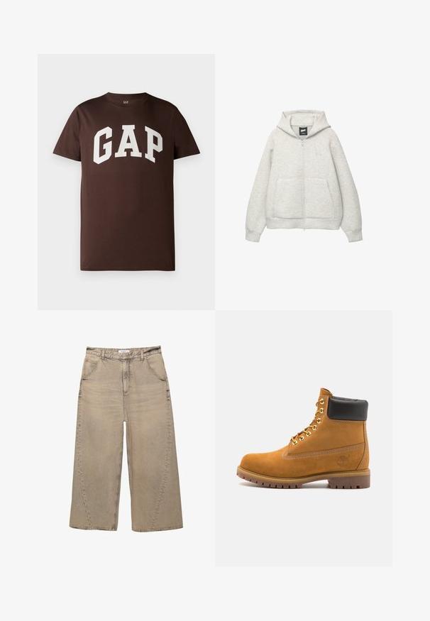 Graue Kapuzenjacke mit Reißverschluss, aus weichem Stoff, mit einer Fronttasche, einer Zugkordel an der Kapuze und einem kleinen Logo im Brustbereich.; Braunes Baumwoll-T-Shirt mit einem weißen "GAP"-Logo in fetter, collegialer Schrift. Kurze Ärmel und runder Ausschnitt. Glatte Textur.; PULL&BEAR MEGA BAGGY - Baggy Jeans - light grey; Beige Wildleder-Ankle-Boot mit schwarzem gepolstertem Kragen, goldenen Metallösen, weißen Nähdetalben und einer robusten Gummisohle mit ausgeprägtem Profil.