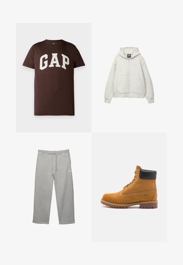 Grijze zip-up hoodie van zachte stof met een voorkantzak, een capuchon met trekkoord en een klein logo op de borst.; Bruine katoenen T-shirt met een witte "GAP"-logo in een vet, collegiaal lettertype. Korte mouwen en een ronde hals. Gladde textuur.; Grijze sweatpants gemaakt van zachte stof met een elastische tailleband, verstelbare trekkoord en zijzakken. Kenmerkt zich door een klein wit logo.; Tan suède enkelboot met zwart gevoerd kraagje, gouden metalen oogjes, witte stikdetails en een robuuste rubberen zool met uitgesproken profiel.