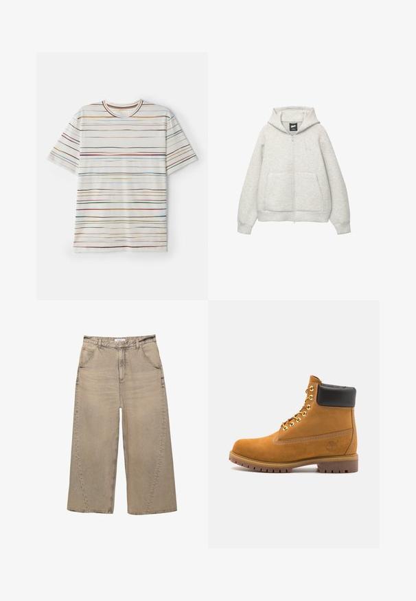 Szara bluza z kapturem na zamek, wykonana z miękkiego materiału, z przednią kieszenią, kapturem z troczkami i małym logiem na klatce piersiowej.; Koszulka z krótkim rękawem, kremowa baza z wielokolorowymi poziomymi paskami. Miękka tkanina, okrągły dekolt, prosty krój, minimalistyczny design.; PULL&BEAR - Jeansy baggy; Beżowe zamszowe botki sięgające kostki z czarną wyściełaną krawędzią, złotymi oczkami, białymi detalami szycia oraz wytrzymałą gumową podeszwą z wyraźnym bieżnikiem.