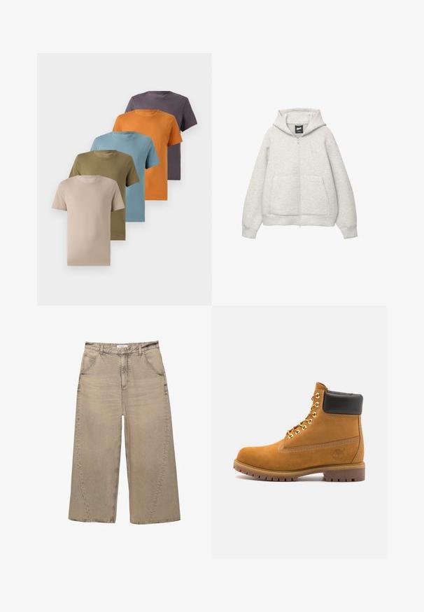 Felpa grigia con zip realizzata in tessuto morbido, dotata di tasca frontale, cappuccio regolabile con cordino e un piccolo logo nella zona del petto.; Cinque t-shirt a girocollo esposti in fila, caratterizzati dai colori beige, verde oliva, azzurro chiaro, arancione e viola scuro. Texture del tessuto liscia.; PULL&BEAR MEGA BAGGY - Jeans baggy - light grey; Stivale alla caviglia in suede tan con collare imbottito nero, occhielli in metallo dorato, dettagli in cucitura bianca e suola in gomma robusta con battistrada pronunciato.