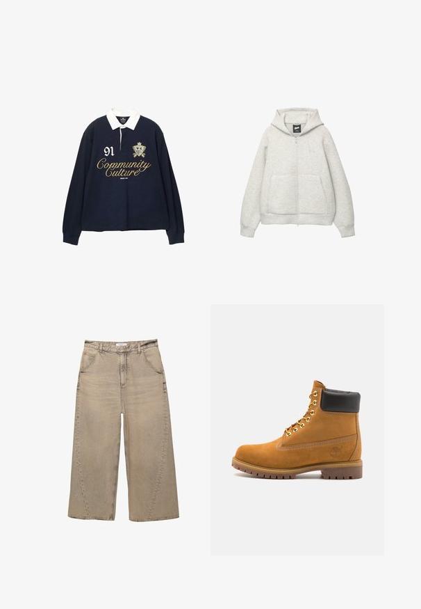 Felpa grigia con zip realizzata in tessuto morbido, dotata di tasca frontale, cappuccio regolabile con cordino e un piccolo logo nella zona del petto.; Polo a maniche lunghe blu marina con colletto bianco, caratterizzato da testo ricamato in oro "Community Culture" e numero "91", oltre a uno stemma decorativo.; PULL&BEAR MEGA BAGGY - Jeans baggy - light grey; Stivale alla caviglia in suede tan con collare imbottito nero, occhielli in metallo dorato, dettagli in cucitura bianca e suola in gomma robusta con battistrada pronunciato.