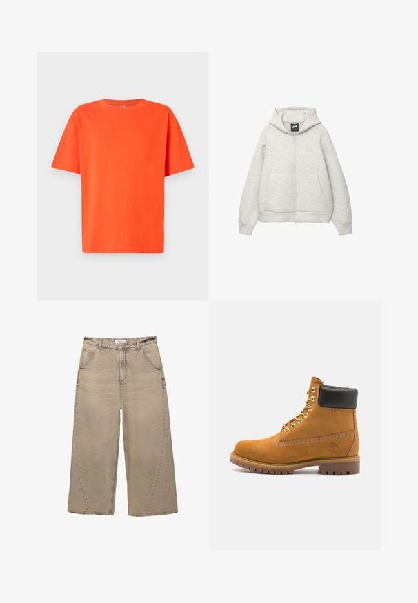 Szara bluza z kapturem na zamek, wykonana z miękkiego materiału, z przednią kieszenią, kapturem z troczkami i małym logiem na klatce piersiowej.; Koszulka z krótkim rękawem w jaskrawym pomarańczowym kolorze, wykonana z bawełny, z okrągłym dekoltem i luźnym krojem, z minimalnymi detalami dla prostego designu.; PULL&BEAR - Jeansy baggy; Beżowe zamszowe botki sięgające kostki z czarną wyściełaną krawędzią, złotymi oczkami, białymi detalami szycia oraz wytrzymałą gumową podeszwą z wyraźnym bieżnikiem.