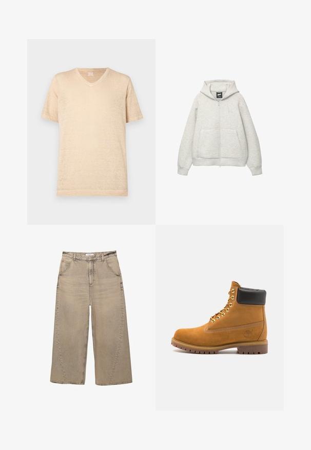 Felpa grigia con zip realizzata in tessuto morbido, dotata di tasca frontale, cappuccio regolabile con cordino e un piccolo logo nella zona del petto.; T-shirt beige a maniche corte con scollo a V, realizzato in un tessuto leggero e strutturato; presenta una vestibilità comoda e dettagli di cucitura minimi.; PULL&BEAR MEGA BAGGY - Jeans baggy - light grey; Stivale alla caviglia in suede tan con collare imbottito nero, occhielli in metallo dorato, dettagli in cucitura bianca e suola in gomma robusta con battistrada pronunciato.