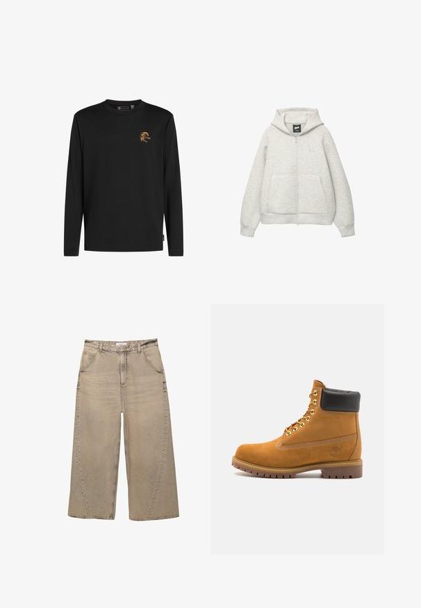 Szara bluza z kapturem na zamek, wykonana z miękkiego materiału, z przednią kieszenią, kapturem z troczkami i małym logiem na klatce piersiowej.; Czarny t-shirt z długim rękawem wykonany z bawełny. Posiada pomarańczowy wzór graficzny na klatce piersiowej z napisem „O’Neill”. Standardowy okrągły dekolt.; PULL&BEAR - Jeansy baggy; Beżowe zamszowe botki sięgające kostki z czarną wyściełaną krawędzią, złotymi oczkami, białymi detalami szycia oraz wytrzymałą gumową podeszwą z wyraźnym bieżnikiem.
