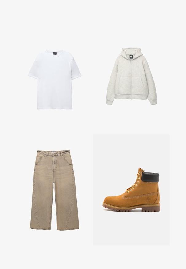 Hanorac gri cu fermoar, confectionat dintr-un material moale, cu un buzunar frontal, gluga cu șnur și un logo mic în zona pieptului.; Tricou alb din bumbac, cu mâneci scurte, decolteu rotund și croială lejeră. Textură netedă, fără modele sau embellishments.; PULL&BEAR MEGA BAGGY - Blugi largi - light grey; Cizmă de gleznă din întoarsă de culoare bej, cu guler negru căptușit, ochiuri din metal auriu, detalii de cusătură albă și talpă din cauciuc robustă, cu un model pronunțat.