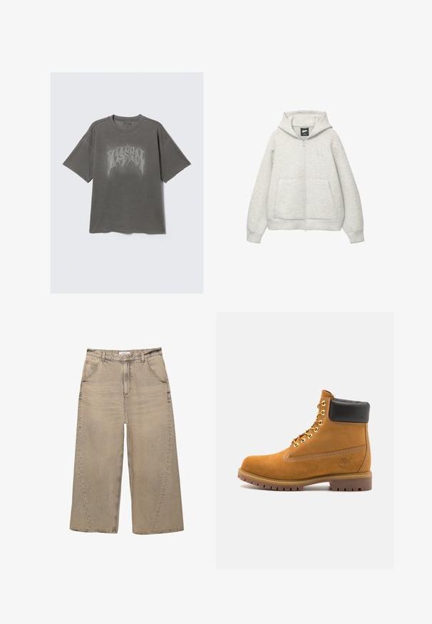 Graue Kapuzenjacke mit Reißverschluss, aus weichem Stoff, mit einer Fronttasche, einer Zugkordel an der Kapuze und einem kleinen Logo im Brustbereich.; Übergroßes graues T-Shirt aus Baumwolle mit einem großen, abgenutzten schwarzen Grafikdruck. Dezente Nahtdetails an den Schultern.; PULL&BEAR MEGA BAGGY - Baggy Jeans - light grey; Beige Wildleder-Ankle-Boot mit schwarzem gepolstertem Kragen, goldenen Metallösen, weißen Nähdetalben und einer robusten Gummisohle mit ausgeprägtem Profil.