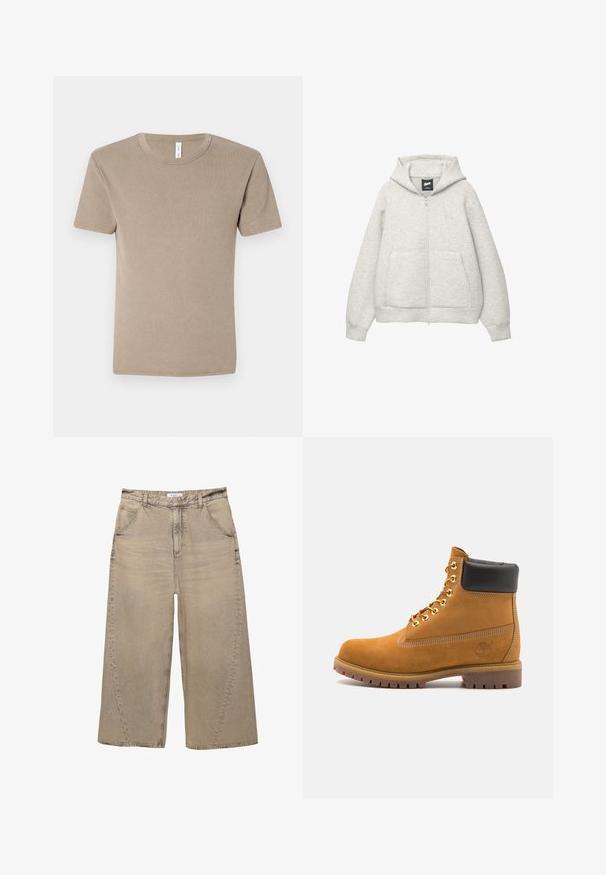 Grijze zip-up hoodie van zachte stof met een voorkantzak, een capuchon met trekkoord en een klein logo op de borst.; Bruine, kortärmelige T-shirt van zachte katoen. Heeft een ronde halslijn en een eenvoudig ontwerp zonder patronen of versieringen.; PULL&BEAR MEGA BAGGY - Baggy jeans - light grey; Tan suède enkelboot met zwart gevoerd kraagje, gouden metalen oogjes, witte stikdetails en een robuuste rubberen zool met uitgesproken profiel.