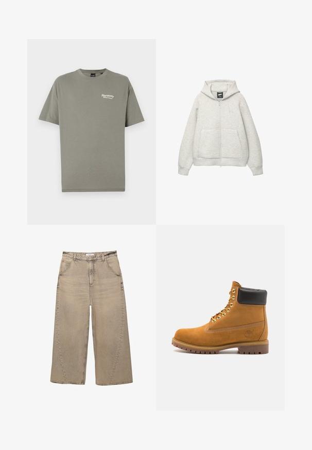 Grå zip-up huvtröja av mjukt material med en framficka, justerbar huva och en liten logga på bröstet.; Olivgrön bomullströja med korta ärmar, rundad halsringning, och vit text som läser "Harmoni Balans i Naturen" på vänster bröst.; PULL&BEAR MEGA BAGGY - Baggy jeans - light grey; Tan mockasins ankelstövlar med svart vadderad krage, guldmetallöglor, vit sömdekor och slitstöt gummisula med utmärkta mönster.