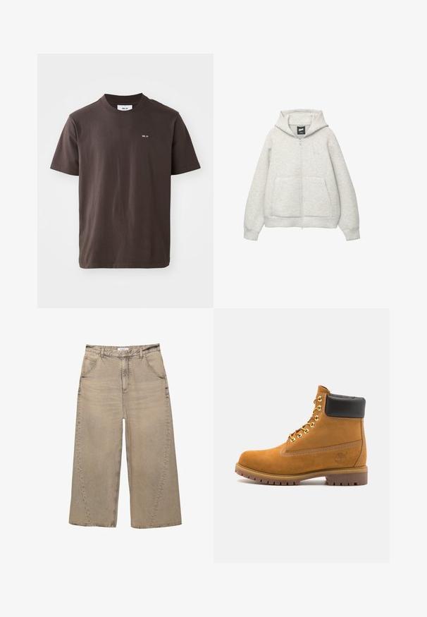 Grijze zip-up hoodie van zachte stof met een voorkantzak, een capuchon met trekkoord en een klein logo op de borst.; Bruine katoenen T-shirt met een ribbelboord rond de hals. Bevat een klein wit logo op de linkerborst. Korte mouwen en een rechte zoom.; PULL&BEAR MEGA BAGGY - Baggy jeans - light grey; Tan suède enkelboot met zwart gevoerd kraagje, gouden metalen oogjes, witte stikdetails en een robuuste rubberen zool met uitgesproken profiel.