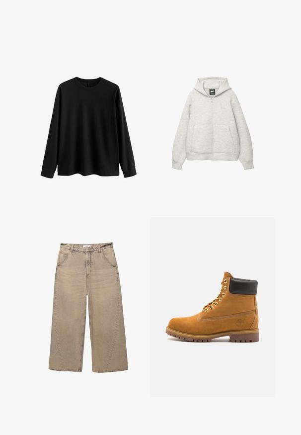 Felpa grigia con zip realizzata in tessuto morbido, dotata di tasca frontale, cappuccio regolabile con cordino e un piccolo logo nella zona del petto.; Pullover nero a maniche lunghe realizzato in tessuto morbido, con scollatura rotonda, vestibilità comoda e polsini a costine. Design minimalista, senza ulteriori motivi.; PULL&BEAR MEGA BAGGY - Jeans baggy - light grey; Stivale alla caviglia in suede tan con collare imbottito nero, occhielli in metallo dorato, dettagli in cucitura bianca e suola in gomma robusta con battistrada pronunciato.