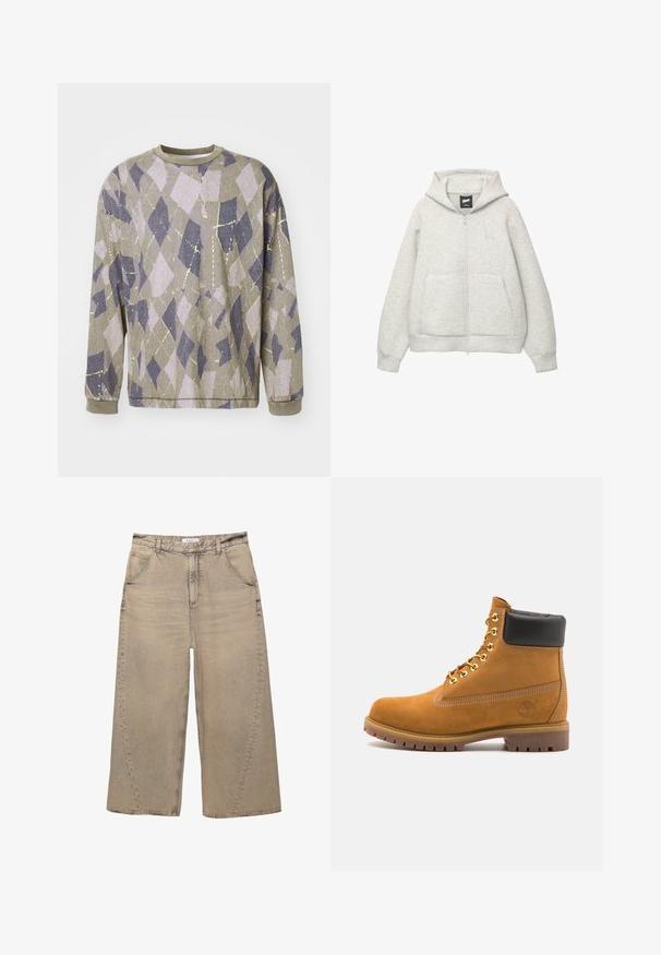 Szara bluza z kapturem na zamek, wykonana z miękkiego materiału, z przednią kieszenią, kapturem z troczkami i małym logiem na klatce piersiowej.; Długi rękaw sweatshirt z teksturowanej szarej tkaniny z geometrycznym wzorem rombów w jasnofioletowym i granatowym kolorze oraz metalicznymi żółtymi akcentami.; PULL&BEAR - Jeansy baggy; Beżowe zamszowe botki sięgające kostki z czarną wyściełaną krawędzią, złotymi oczkami, białymi detalami szycia oraz wytrzymałą gumową podeszwą z wyraźnym bieżnikiem.