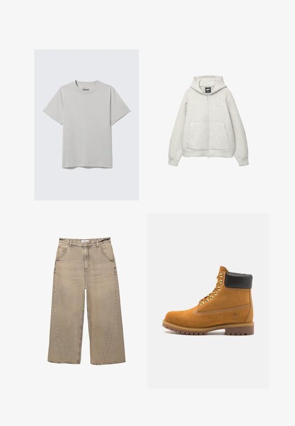 Graue Kapuzenjacke mit Reißverschluss, aus weichem Stoff, mit einer Fronttasche, einer Zugkordel an der Kapuze und einem kleinen Logo im Brustbereich.; Helles graues Baumwoll-T-Shirt mit Rundhalsausschnitt und kurzen Ärmeln, das ein minimalistisches Design und eine lockere Passform aufweist. Keine Muster oder Akzente.; PULL&BEAR MEGA BAGGY - Baggy Jeans - light grey; Beige Wildleder-Ankle-Boot mit schwarzem gepolstertem Kragen, goldenen Metallösen, weißen Nähdetalben und einer robusten Gummisohle mit ausgeprägtem Profil.