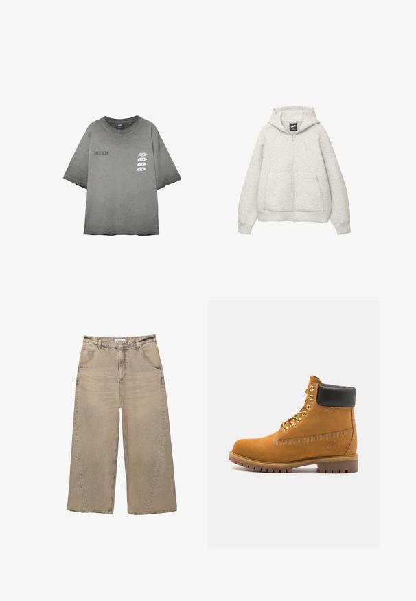 Grijze zip-up hoodie van zachte stof met een voorkantzak, een capuchon met trekkoord en een klein logo op de borst.; Grijze oversized T-shirt met de tekst "TRUE SELF" op de linkerborst en vier witte ooggraphics in een verticale lijn op de rechterborst.; PULL&BEAR MEGA BAGGY - Baggy jeans - light grey; Tan suède enkelboot met zwart gevoerd kraagje, gouden metalen oogjes, witte stikdetails en een robuuste rubberen zool met uitgesproken profiel.