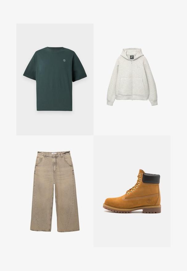 Grå zip-up huvtröja av mjukt material med en framficka, justerbar huva och en liten logga på bröstet.; Mörkgrön bomullströja med korta ärmar, rundad halsringning och liten ljusblå logotyp på vänster bröst. Slät textur, avslappnad passform.; PULL&BEAR MEGA BAGGY - Baggy jeans - light grey; Tan mockasins ankelstövlar med svart vadderad krage, guldmetallöglor, vit sömdekor och slitstöt gummisula med utmärkta mönster.