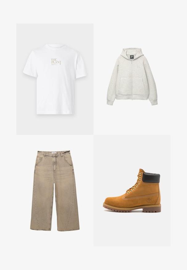 Grå zip-up hoodie lavet af blødt stof med en frontlomme, hætte med snor og et lille logo på brystområdet.; Hvid bomulds t-shirt med et guld "THE PLANT" logo trykt på forsiden. Korte ærmer og et klassisk rundhalsdesign.; PULL&BEAR MEGA BAGGY - Baggy jeans - light grey; Tan nubuck ankelstøvle med sort polstret krave, gyldne metaløjer, hvid syning detaljer og robust gummisål med udtalte slidbaner.