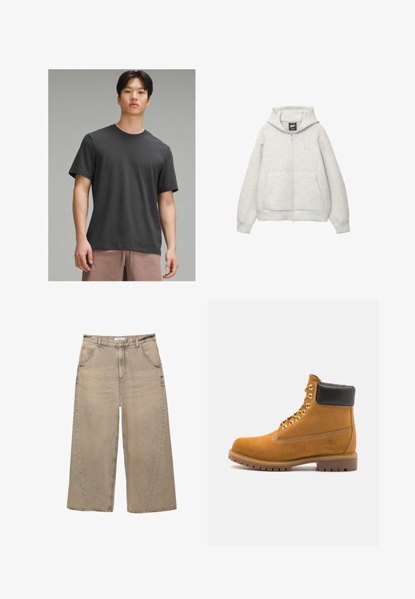 Felpa grigia con zip realizzata in tessuto morbido, dotata di tasca frontale, cappuccio regolabile con cordino e un piccolo logo nella zona del petto.; Maglietta a maniche corte grigio scuro con scollatura a girocollo, realizzata in tessuto morbido. Caratterizzata da una vestibilità rilassata e una texture liscia.; PULL&BEAR MEGA BAGGY - Jeans baggy - light grey; Stivale alla caviglia in suede tan con collare imbottito nero, occhielli in metallo dorato, dettagli in cucitura bianca e suola in gomma robusta con battistrada pronunciato.