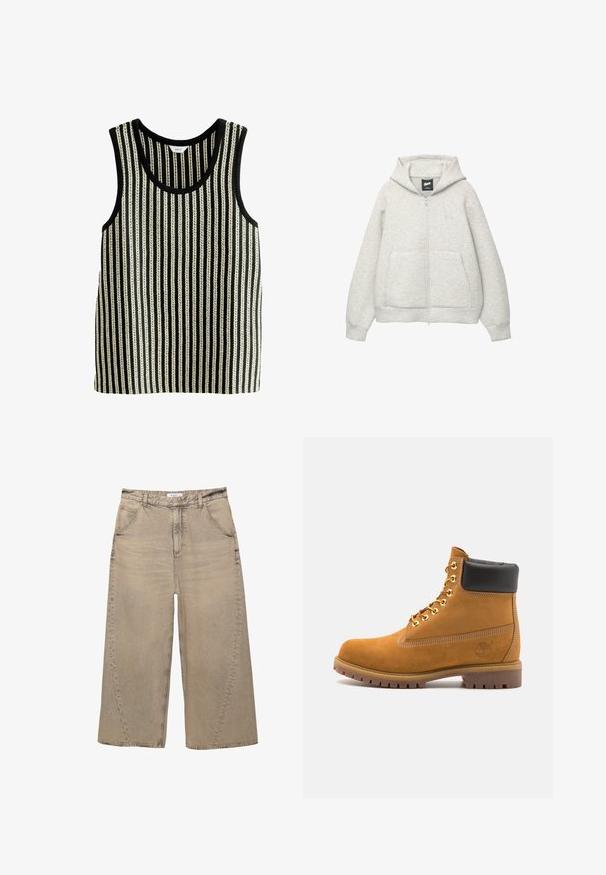 Hanorac gri cu fermoar, confectionat dintr-un material moale, cu un buzunar frontal, gluga cu șnur și un logo mic în zona pieptului.; Top din material cu dungi alb-negru, cu gât rotund și fără mâneci. Textura prezintă linii verticale alternante, groase și subțiri.; PULL&BEAR MEGA BAGGY - Blugi largi - light grey; Cizmă de gleznă din întoarsă de culoare bej, cu guler negru căptușit, ochiuri din metal auriu, detalii de cusătură albă și talpă din cauciuc robustă, cu un model pronunțat.