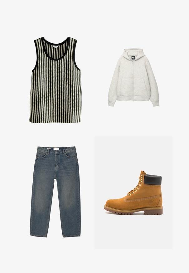 Szara bluza z kapturem na zamek, wykonana z miękkiego materiału, z przednią kieszenią, kapturem z troczkami i małym logiem na klatce piersiowej.; Czarny i biały top na ramiączkach z okrągłym dekoltem i bez rękawów. Tekstura z naprzemiennymi grubymi i cienkimi pionowymi liniami.; Niebieskie dżinsy z luźnym krojem, z klasycznym pięciopocketowym designem i minimalnym wyblaknięciem. Zawierają zapięcie na guzik oraz szlufki na pasek.; Beżowe zamszowe botki sięgające kostki z czarną wyściełaną krawędzią, złotymi oczkami, białymi detalami szycia oraz wytrzymałą gumową podeszwą z wyraźnym bieżnikiem.