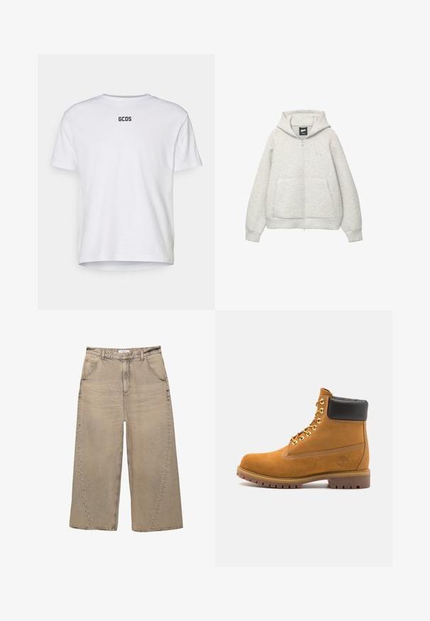 Grå zip-up hoodie lavet af blødt stof med en frontlomme, hætte med snor og et lille logo på brystområdet.; Hvid bomulds t-shirt med korte ærmer, der har en rund halsudskæring og "GCDS" logo trykt i sort på ryggen. En simpel, udekoreret design.; PULL&BEAR MEGA BAGGY - Baggy jeans - light grey; Tan nubuck ankelstøvle med sort polstret krave, gyldne metaløjer, hvid syning detaljer og robust gummisål med udtalte slidbaner.
