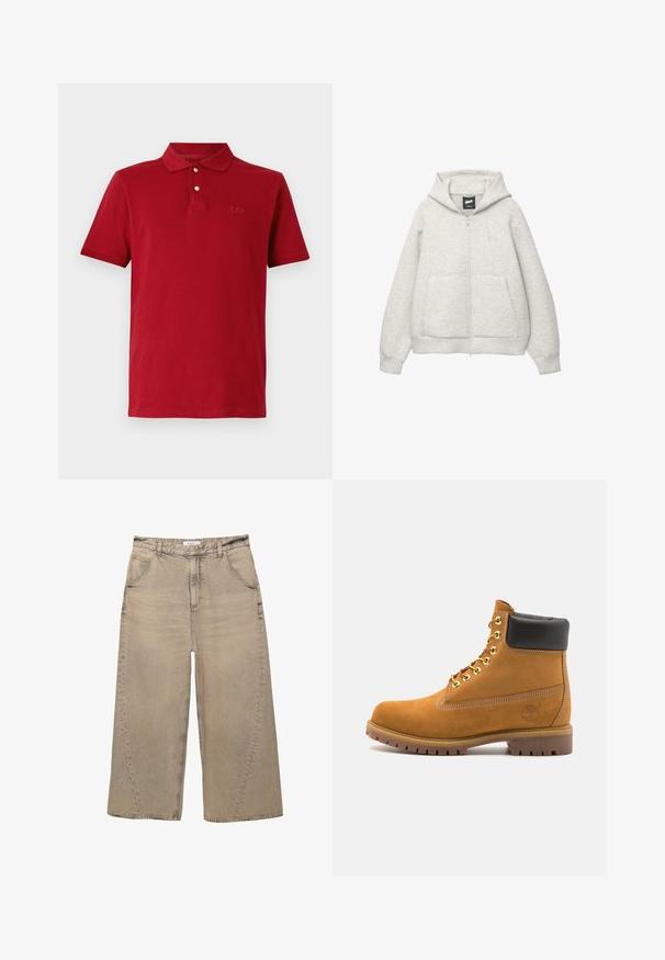 Grå zip-up huvtröja av mjukt material med en framficka, justerbar huva och en liten logga på bröstet.; Röd bomullspolo med klassisk krage, korta ärmar och en diskret broderad logotyp på bröstet. Slät yta.; PULL&BEAR MEGA BAGGY - Baggy jeans - light grey; Tan mockasins ankelstövlar med svart vadderad krage, guldmetallöglor, vit sömdekor och slitstöt gummisula med utmärkta mönster.