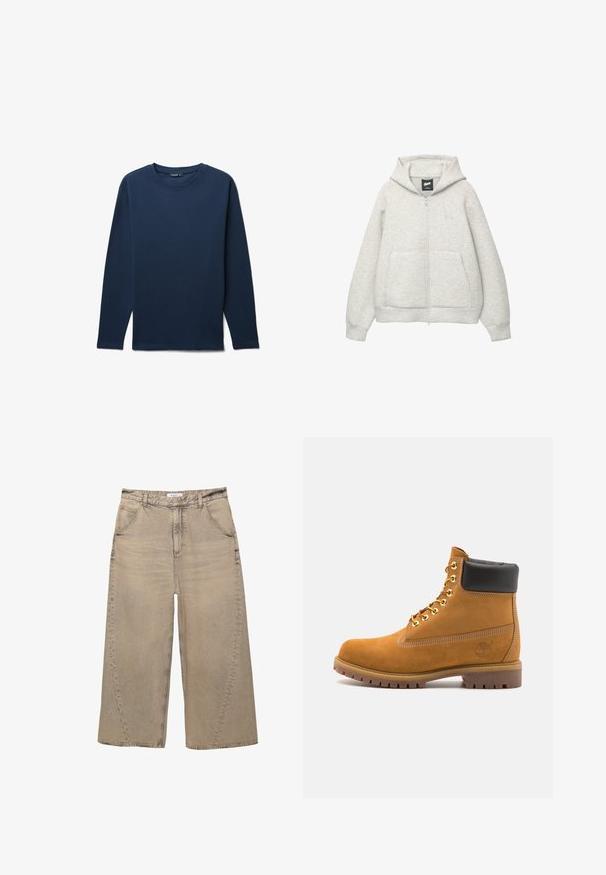 Graue Kapuzenjacke mit Reißverschluss, aus weichem Stoff, mit einer Fronttasche, einer Zugkordel an der Kapuze und einem kleinen Logo im Brustbereich.; Langarm-T-Shirt in Marineblau aus einem strukturierten Stoff mit Rundhalsausschnitt und geradem Saum, mit gerippten Details an den Schultern.; PULL&BEAR MEGA BAGGY - Baggy Jeans - light grey; Beige Wildleder-Ankle-Boot mit schwarzem gepolstertem Kragen, goldenen Metallösen, weißen Nähdetalben und einer robusten Gummisohle mit ausgeprägtem Profil.