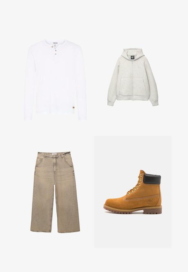 Grijze zip-up hoodie van zachte stof met een voorkantzak, een capuchon met trekkoord en een klein logo op de borst.; Witte longsleeve shirt van katoen met een geknoopte henley-hals en een klein bruin logo-label aan de zoom. Gladde textuur.; PULL&BEAR MEGA BAGGY - Baggy jeans - light grey; Tan suède enkelboot met zwart gevoerd kraagje, gouden metalen oogjes, witte stikdetails en een robuuste rubberen zool met uitgesproken profiel.