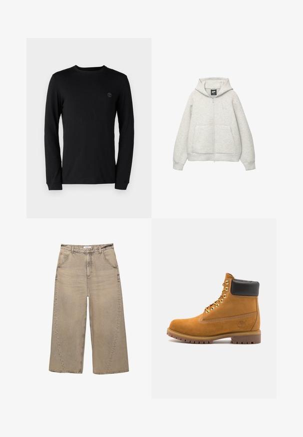 Graue Kapuzenjacke mit Reißverschluss, aus weichem Stoff, mit einer Fronttasche, einer Zugkordel an der Kapuze und einem kleinen Logo im Brustbereich.; Schwarzes Langarm-T-Shirt aus weicher Baumwolle, mit Rundhalsausschnitt und einem dezenten Logo auf der Brust. Mit normalen Bündchen ausgestattet.; PULL&BEAR MEGA BAGGY - Baggy Jeans - light grey; Beige Wildleder-Ankle-Boot mit schwarzem gepolstertem Kragen, goldenen Metallösen, weißen Nähdetalben und einer robusten Gummisohle mit ausgeprägtem Profil.
