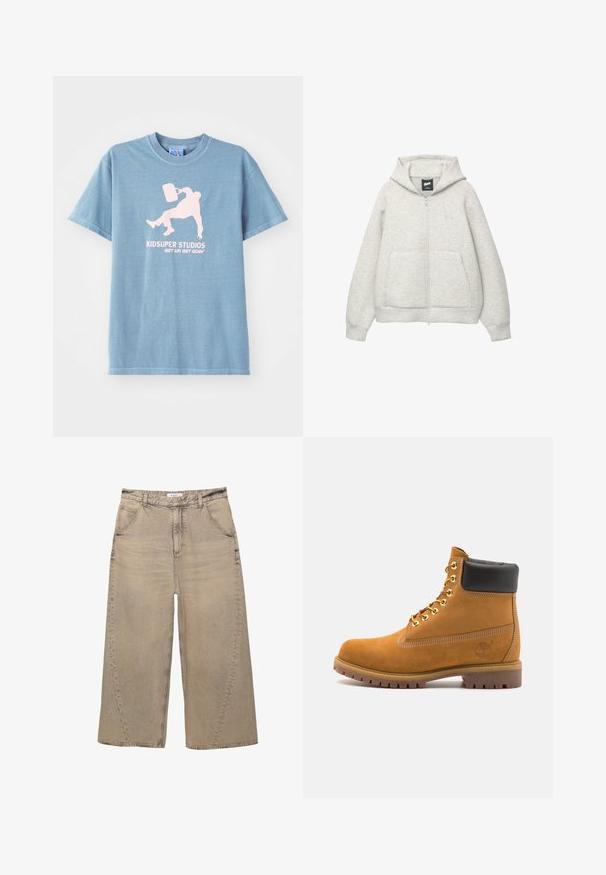 Haut à capuche zippé gris en tissu doux, avec une poche avant, un cordon de serrage à la capuche et un petit logo sur la poitrine.; T-shirt en coton bleu clair avec un col rond, des manches courtes et un graphisme imprimé en rose représentant une personne tenant un seau.; PULL&BEAR MEGA BAGGY - Jean baggy - light grey; Bottine en daim beige avec un col rembourré noir, œillets en métal doré, détails de surpiqûres blanches et semelle en caoutchouc robuste avec des crampons prononcés.