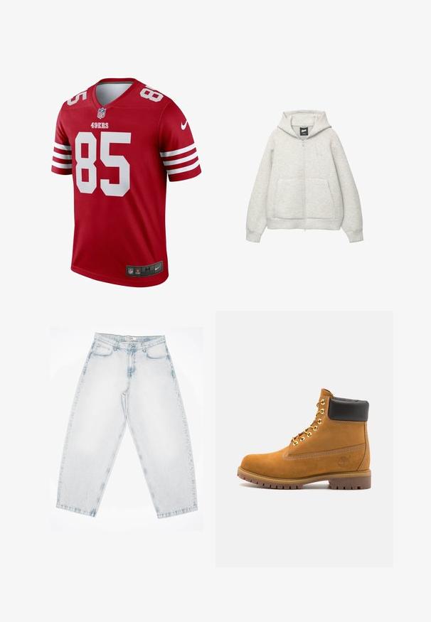 Grå zip-up huvtröja av mjukt material med en framficka, justerbar huva och en liten logga på bröstet.; Röd fotbollströja med vita accenter, kort ärm och V-hals. Visar "49ERS" och "85" i stora vita siffror. Nike-logotyp vid fållen.; Ljust blå denimjeans med en lös, baggy passform. Har fem fickor, knäppning och sydda detaljer. Blek visualisering och raka ben.; Tan mockasins ankelstövlar med svart vadderad krage, guldmetallöglor, vit sömdekor och slitstöt gummisula med utmärkta mönster.