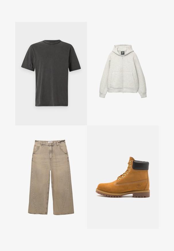 Szara bluza z kapturem na zamek, wykonana z miękkiego materiału, z przednią kieszenią, kapturem z troczkami i małym logiem na klatce piersiowej.; Ciemnoszary t-shirt z krótkim rękawem i okrągłym dekoltem, wykonany z miękkiej bawełny, z subtelnymi detalami przeszycia wzdłuż brzegów.; PULL&BEAR - Jeansy baggy; Beżowe zamszowe botki sięgające kostki z czarną wyściełaną krawędzią, złotymi oczkami, białymi detalami szycia oraz wytrzymałą gumową podeszwą z wyraźnym bieżnikiem.