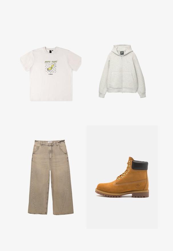 Hanorac gri cu fermoar, confectionat dintr-un material moale, cu un buzunar frontal, gluga cu șnur și un logo mic în zona pieptului.; Tricou alb din bumbac cu un grafic al unei păsări galbene și textul "BREAK FREE!" în negru. Mâneci scurte și croială lejeră.; PULL&BEAR MEGA BAGGY - Blugi largi - light grey; Cizmă de gleznă din întoarsă de culoare bej, cu guler negru căptușit, ochiuri din metal auriu, detalii de cusătură albă și talpă din cauciuc robustă, cu un model pronunțat.