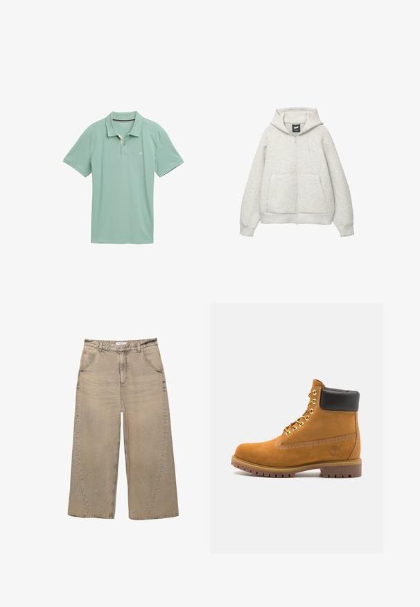 Hanorac gri cu fermoar, confectionat dintr-un material moale, cu un buzunar frontal, gluga cu șnur și un logo mic în zona pieptului.; Polo de culoare verde deschis, dintr-un material respirabil, cu mâneci scurte. Prezintă o guleră cu trei nasturi și un logo discret pe piept.; PULL&BEAR MEGA BAGGY - Blugi largi - light grey; Cizmă de gleznă din întoarsă de culoare bej, cu guler negru căptușit, ochiuri din metal auriu, detalii de cusătură albă și talpă din cauciuc robustă, cu un model pronunțat.