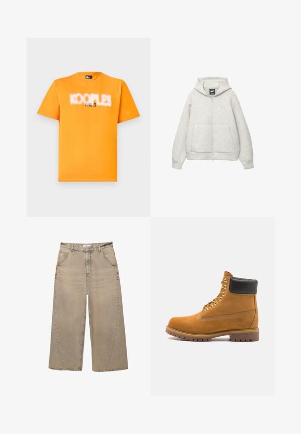 Grå zip-up hoodie lavet af blødt stof med en frontlomme, hætte med snor og et lille logo på brystområdet.; Kortærmet orange bomulds T-shirt med teksten "KOOPLE" og "PARIS" i falmet sort og sølvtryk, rund halsudskæring, standard pasform.; PULL&BEAR MEGA BAGGY - Baggy jeans - light grey; Tan nubuck ankelstøvle med sort polstret krave, gyldne metaløjer, hvid syning detaljer og robust gummisål med udtalte slidbaner.