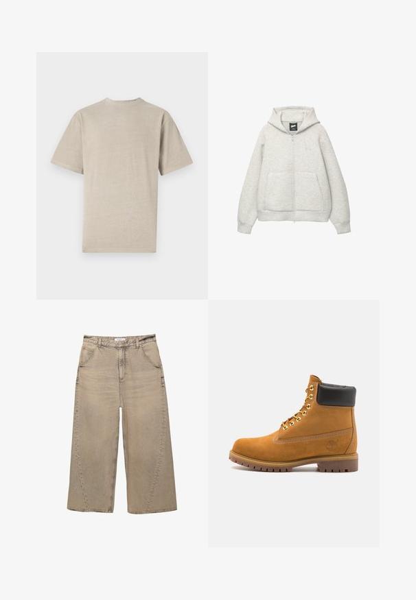 Grå zip-up hoodie lavet af blødt stof med en frontlomme, hætte med snor og et lille logo på brystområdet.; Kortærmet T-shirt i lys beige med rund hals, lavet af blødt stof, med en glat tekstur og et enkelt design uden grafik.; PULL&BEAR MEGA BAGGY - Baggy jeans - light grey; Tan nubuck ankelstøvle med sort polstret krave, gyldne metaløjer, hvid syning detaljer og robust gummisål med udtalte slidbaner.