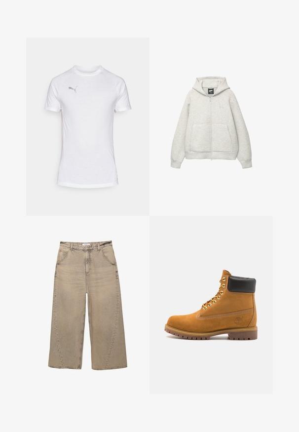 Gray zip-up hoodie made of soft fabric with a front pocket, a drawstring hood, and a small logo on the chest area.; White short-sleeve athletic shirt with a round neck, featuring a textured fabric and a subtle gray logo on the upper left chest.; PULL&BEAR MEGA BAGGY - Baggy Jeans - light grey; Tan suede ankle boot with black padded collar, gold metal eyelets, white stitching detailing, and rugged rubber sole with pronounced treads.